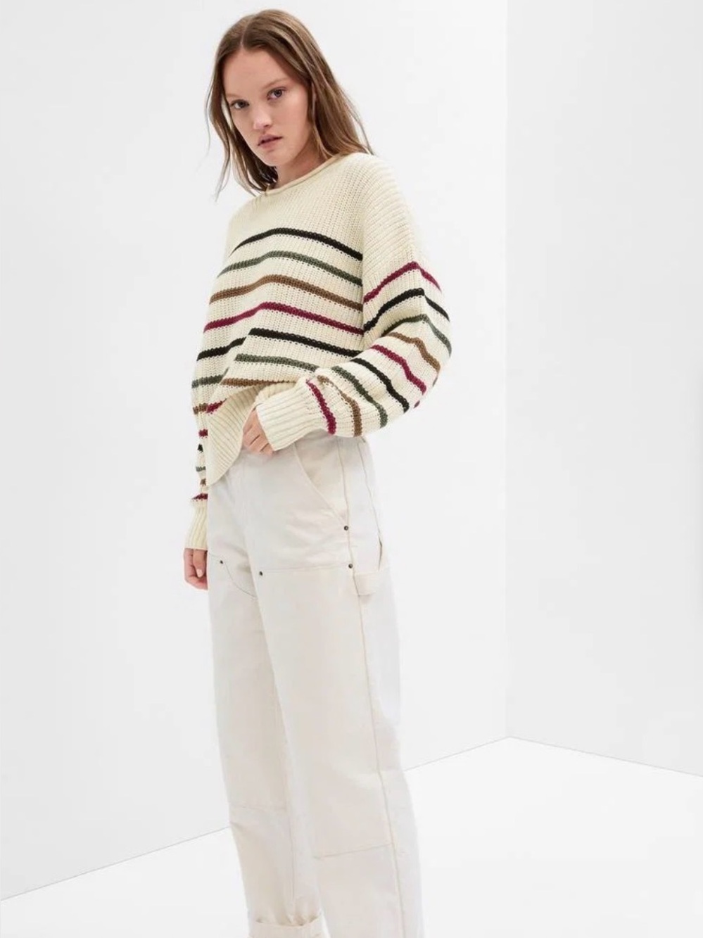 GAP Cream Crewneck Sweater with Black, Brown and Burgundy Stripes